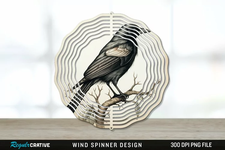 Vintage Crow Bird Wind Spinner Sublimation PNG Design