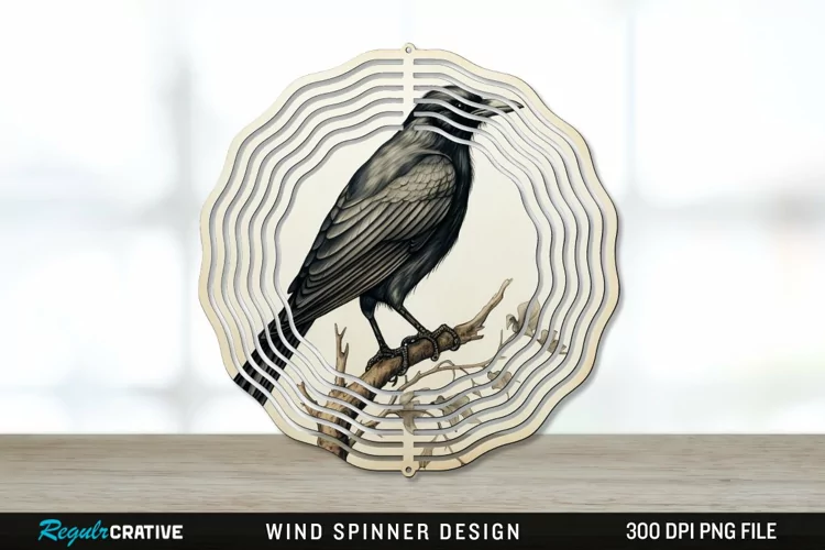 Vintage Crow Bird Wind Spinner Sublimation PNG Design