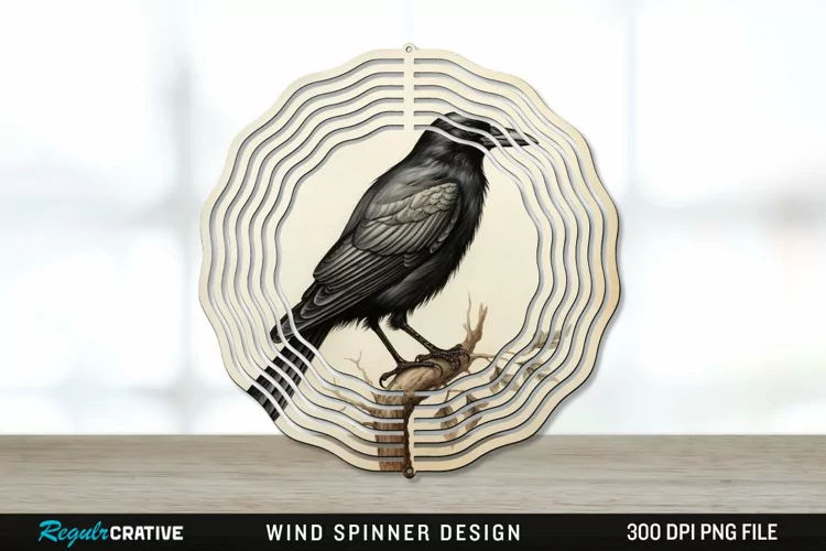 Vintage Crow Bird Wind Spinner Sublimation PNG Design