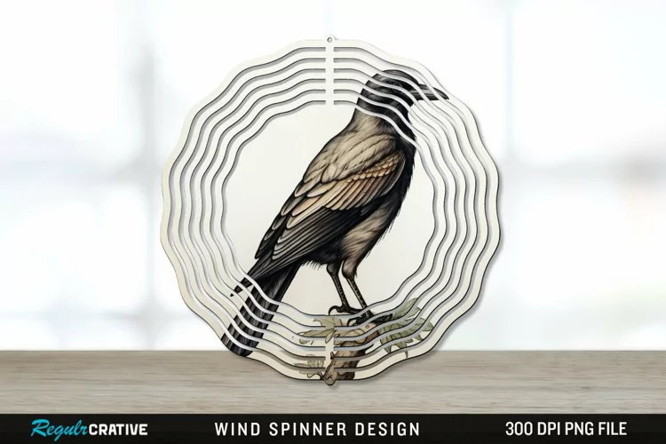 Vintage Crow Bird Wind Spinner Sublimation PNG Design