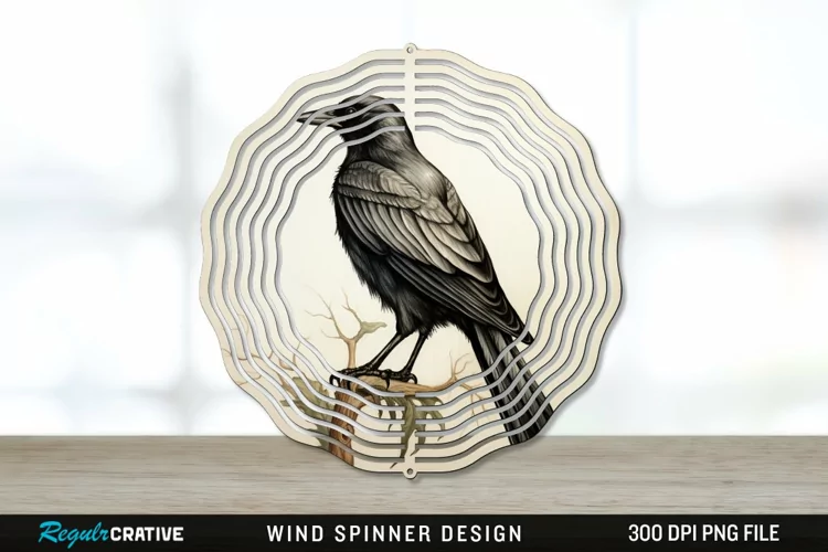 Vintage Crow Bird Wind Spinner Sublimation PNG Design