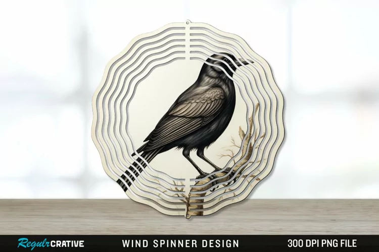 Vintage Crow Bird Wind Spinner Sublimation PNG Design