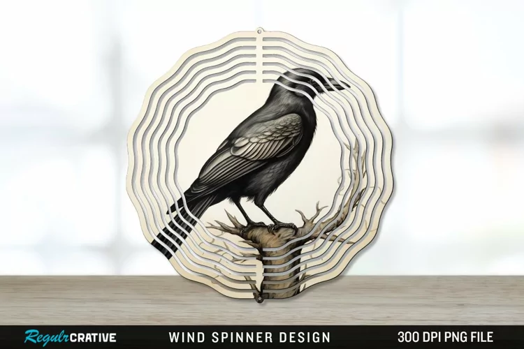 Vintage Crow Bird Wind Spinner Sublimation PNG Design