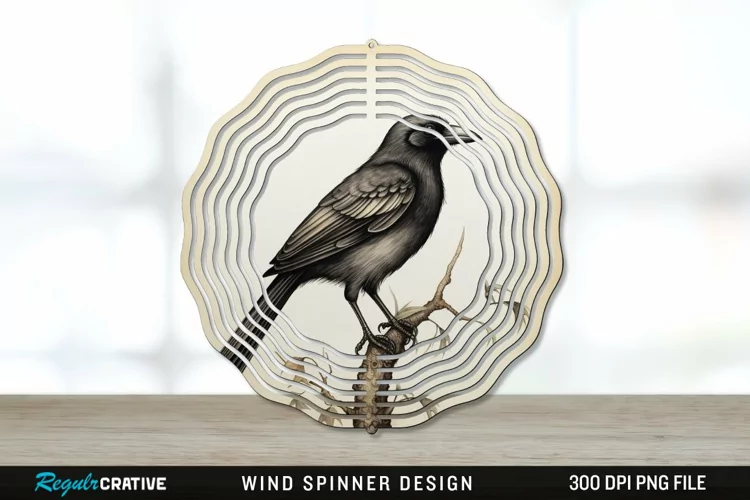 Vintage Crow Bird Wind Spinner Sublimation PNG Design