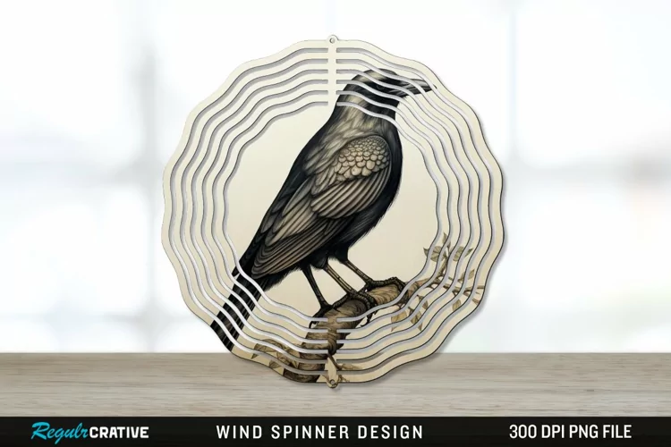 Vintage Crow Bird Wind Spinner Sublimation PNG Design