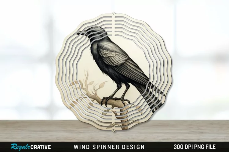 Vintage Crow Bird Wind Spinner Sublimation PNG Design