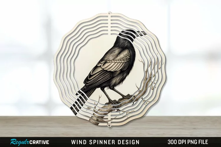Vintage Crow Bird Wind Spinner Sublimation PNG Design