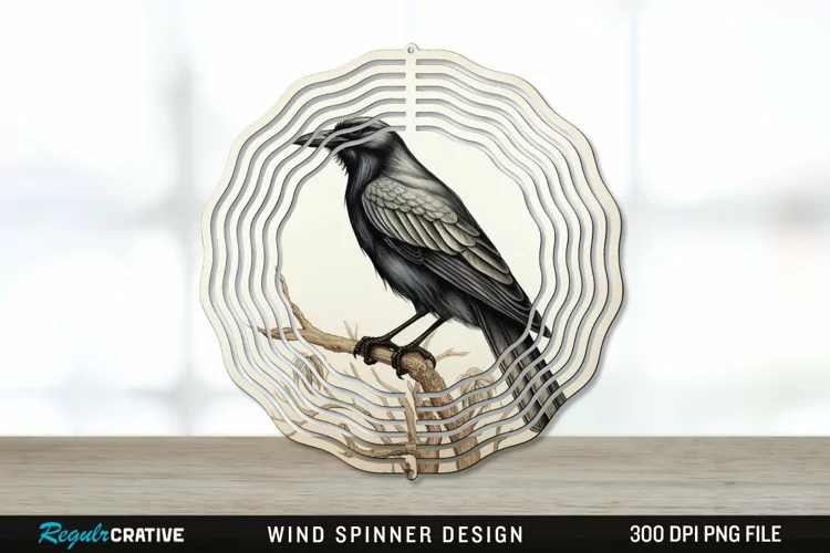 Vintage Crow Bird Wind Spinner Sublimation PNG Design