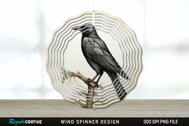 Vintage Crow Bird Wind Spinner Sublimation PNG Design