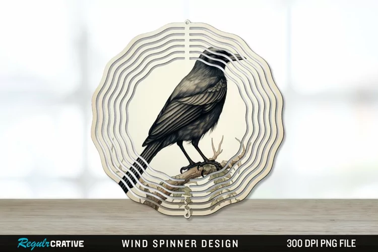 Vintage Crow Bird Wind Spinner Sublimation PNG Design