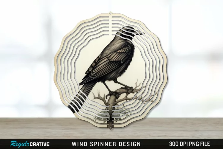 Vintage Crow Bird Wind Spinner Sublimation PNG Design
