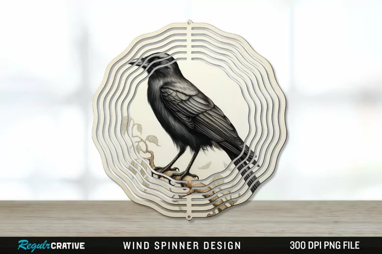 Vintage Crow Bird Wind Spinner Sublimation PNG Design