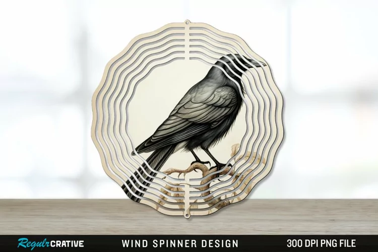Vintage Crow Bird Wind Spinner Sublimation PNG Design