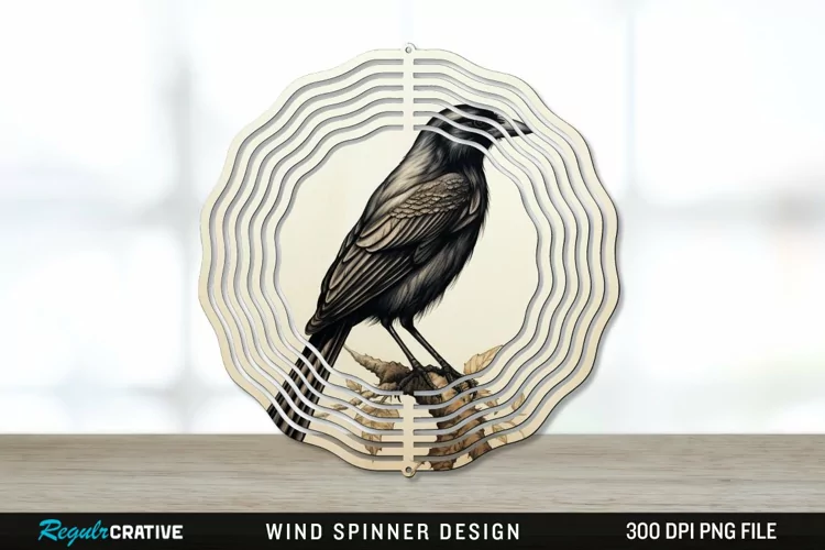 Vintage Crow Bird Wind Spinner Sublimation PNG Design