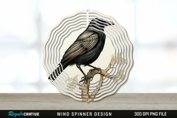 Vintage Crow Bird Wind Spinner Sublimation PNG Design
