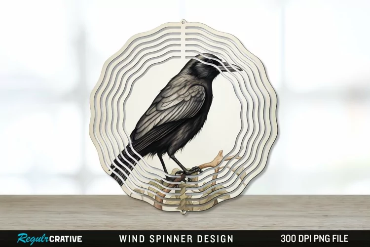 Vintage Crow Bird Wind Spinner Sublimation PNG Design