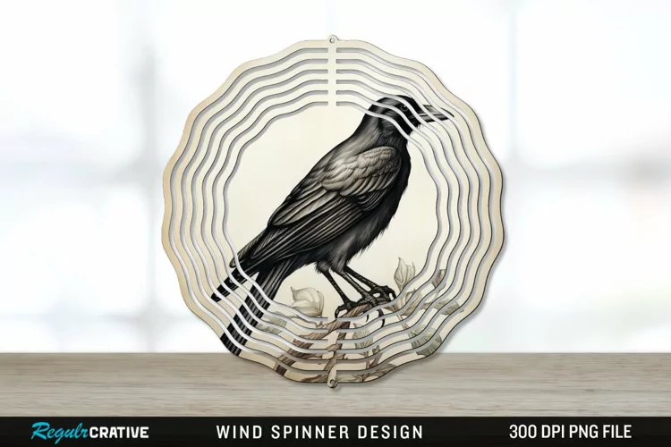 Vintage Crow Bird Wind Spinner Sublimation PNG Design