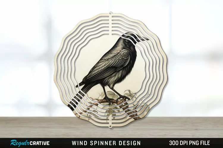 Vintage Crow Bird Wind Spinner Sublimation PNG Design