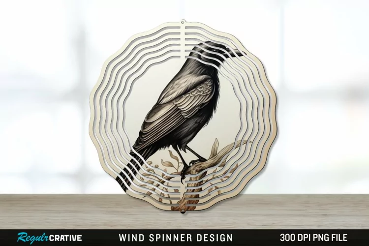 Vintage Crow Bird Wind Spinner Sublimation PNG Design