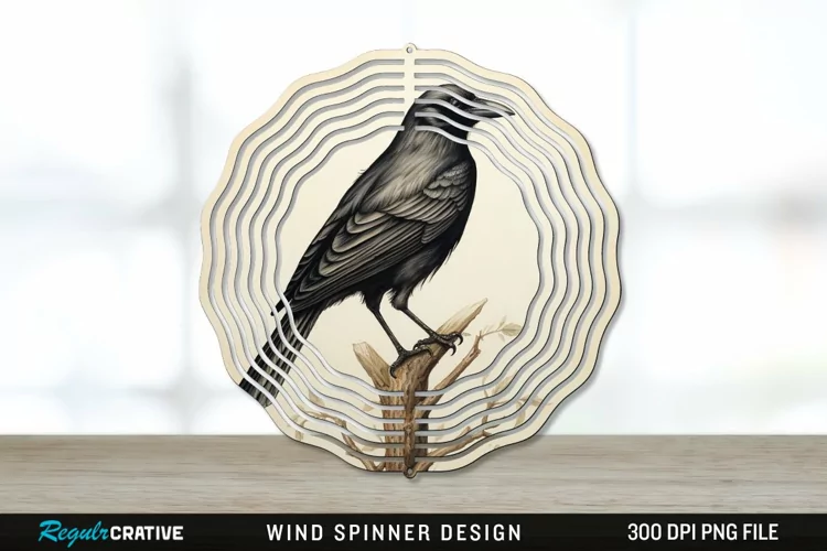 Vintage Crow Bird Wind Spinner Sublimation PNG Design
