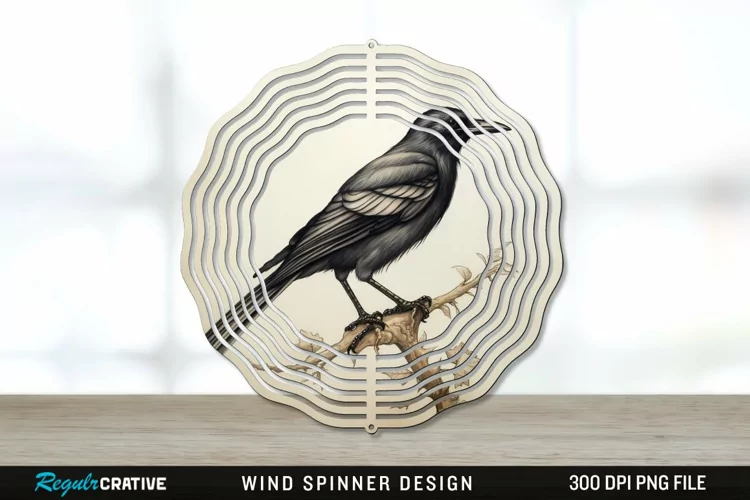 Vintage Crow Bird Wind Spinner Sublimation PNG Design