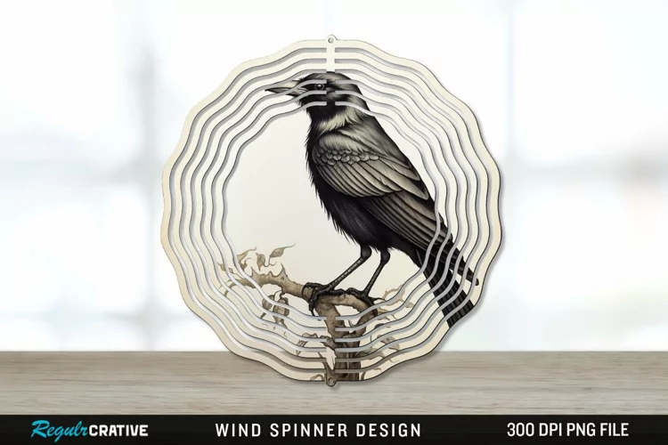 Vintage Crow Bird Wind Spinner Sublimation PNG Design
