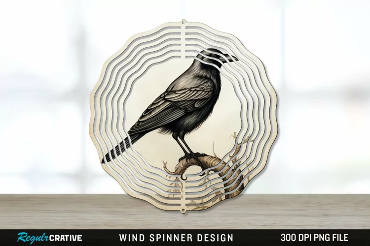 Vintage Crow Bird Wind Spinner Sublimation PNG Design