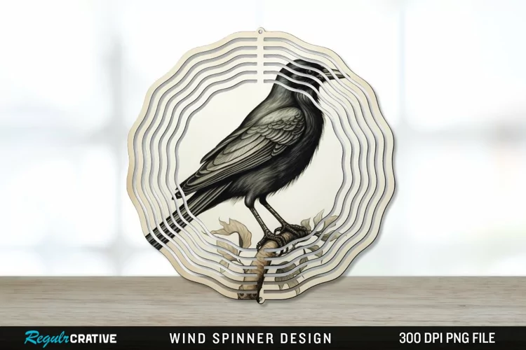 Vintage Crow Bird Wind Spinner Sublimation PNG Design
