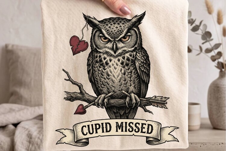 Vintage Cupid Missed Grumpy Owl Valentine PNG example image 1