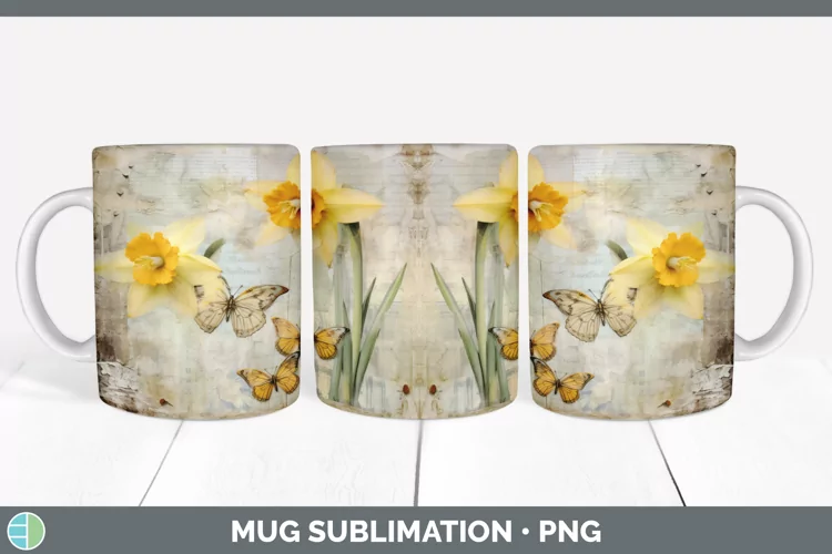 Vintage Daffodil Flowers Mug Wrap | Sublimation Coffee Cup D