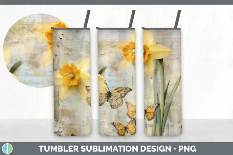Vintage Daffodil Flowers Tumbler | Sublimation 20 oz Skinny