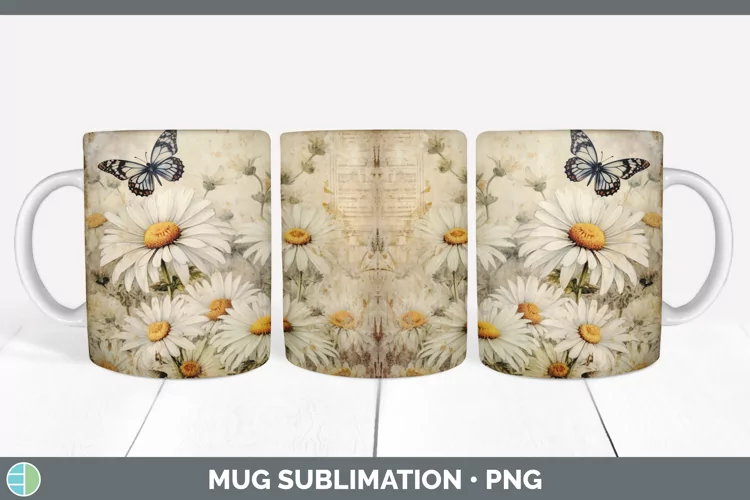 Vintage Daisy Flowers Mug Wrap | Sublimation Coffee Cup Desi