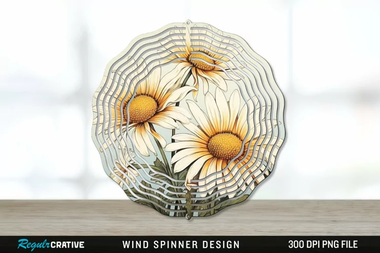 Vintage Daisy Flowers Wind Spinner Sublimation PNG Design