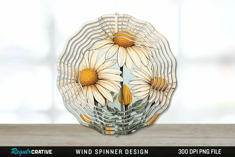 Vintage Daisy Flowers Wind Spinner Sublimation PNG Design