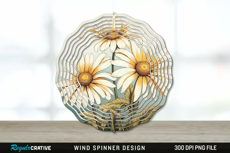 Vintage Daisy Flowers Wind Spinner Sublimation PNG Design