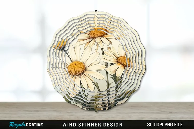 Vintage Daisy Flowers Wind Spinner Sublimation PNG Design