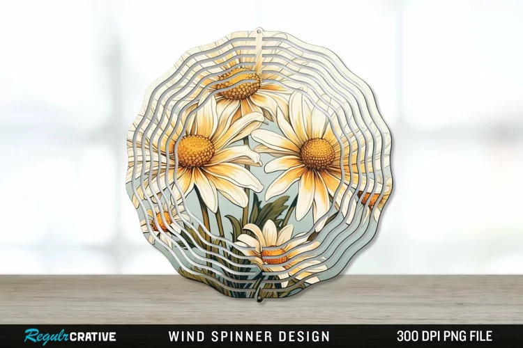 Vintage Daisy Flowers Wind Spinner Sublimation PNG Design