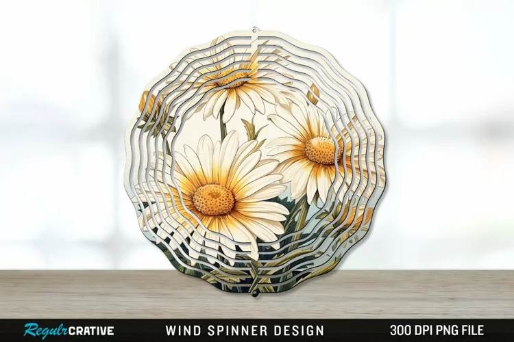Vintage Daisy Flowers Wind Spinner Sublimation PNG Design