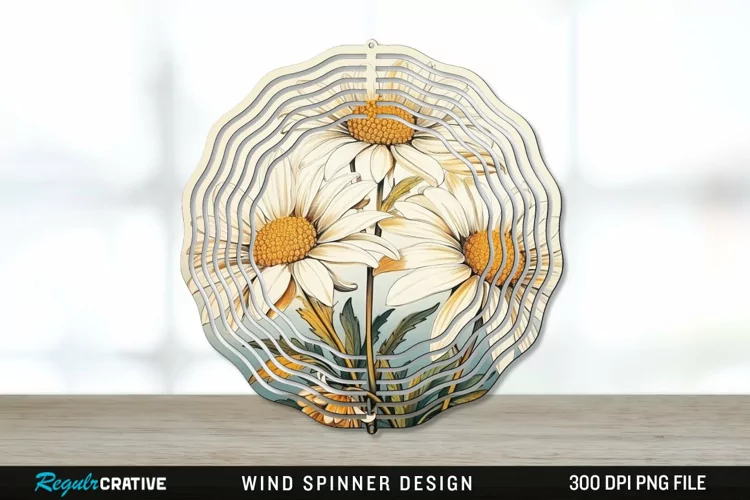 Vintage Daisy Flowers Wind Spinner Sublimation PNG Design
