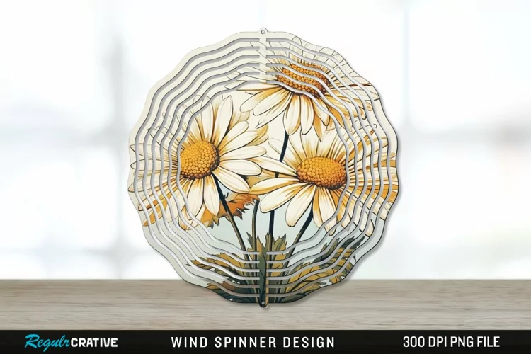 Vintage Daisy Flowers Wind Spinner Sublimation PNG Design