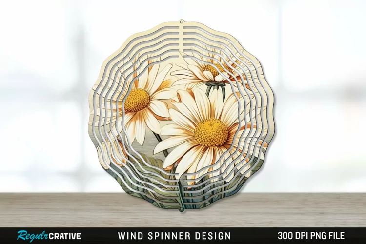 Vintage Daisy Flowers Wind Spinner Sublimation PNG Design