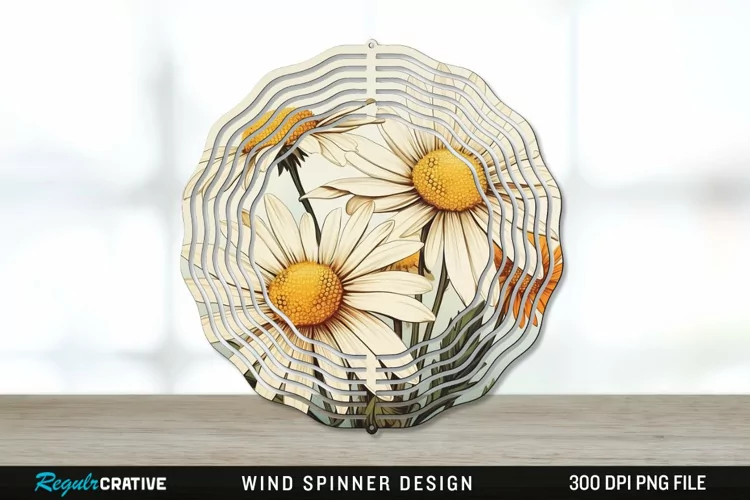 Vintage Daisy Flowers Wind Spinner Sublimation PNG Design