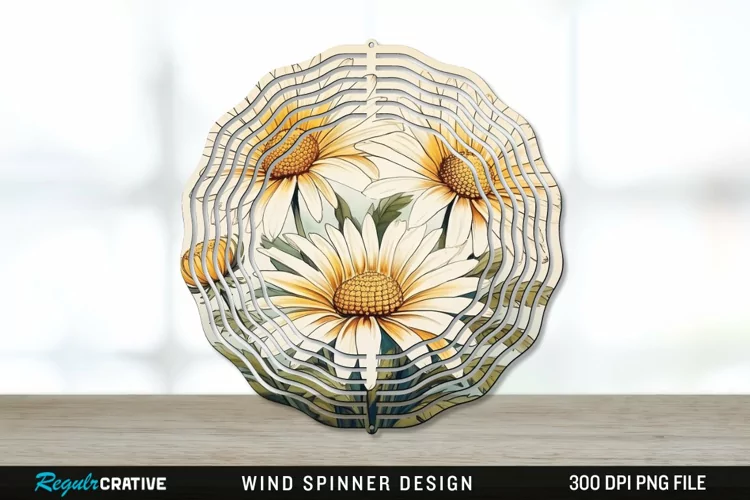 Vintage Daisy Flowers Wind Spinner Sublimation PNG Design