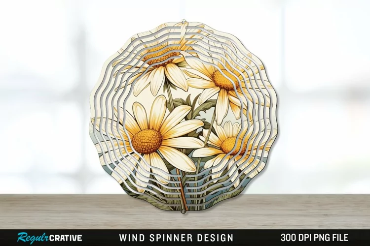 Vintage Daisy Flowers Wind Spinner Sublimation PNG Design