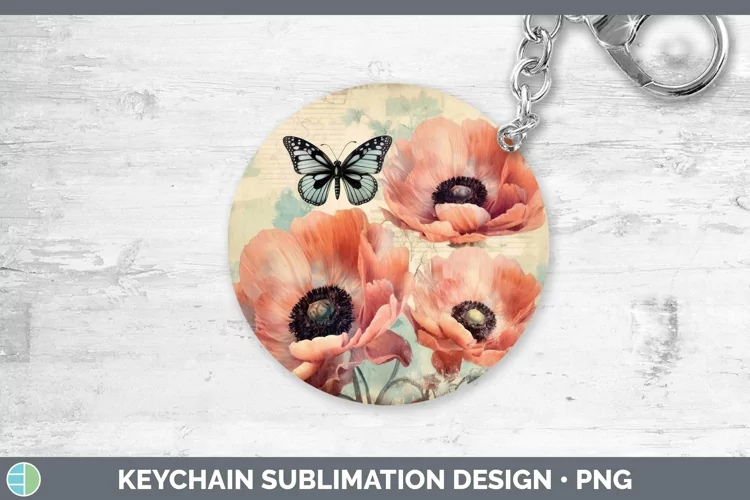 Vintage Decoupage Anemone Keychain Sublimation Keyring Desig