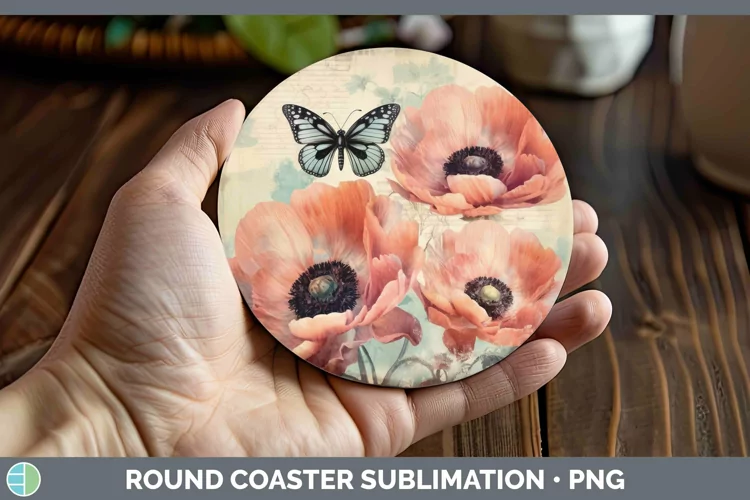 Vintage Decoupage Anemone Round Coaster Sublimation Coaster
