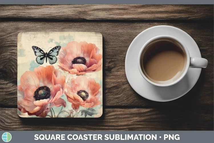 Vintage Decoupage Anemone Square Coaster Sublimation Coaster