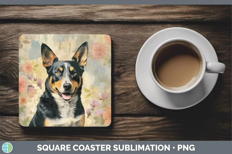 Vintage Decoupage Australian Cattle Dog Square Coaster Subli