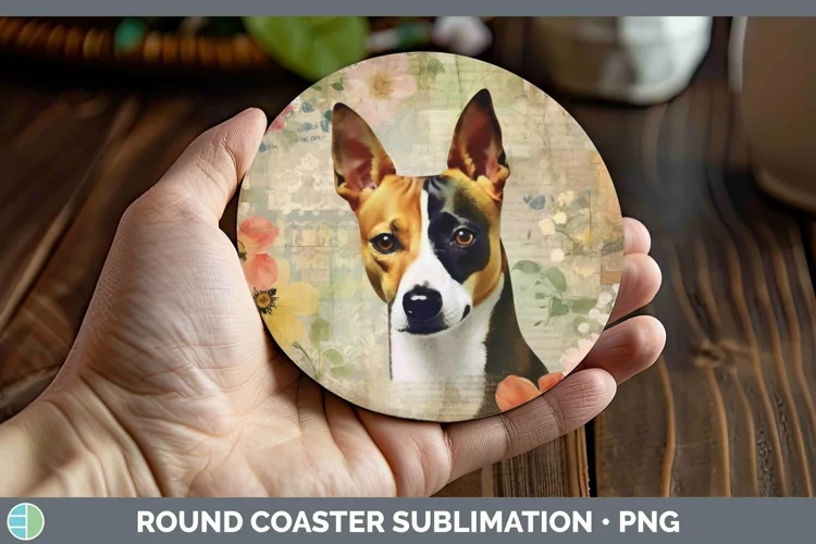 Vintage Decoupage Basenji Round Coaster Sublimation Coaster