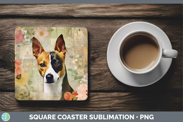 Vintage Decoupage Basenji Square Coaster Sublimation Coaster